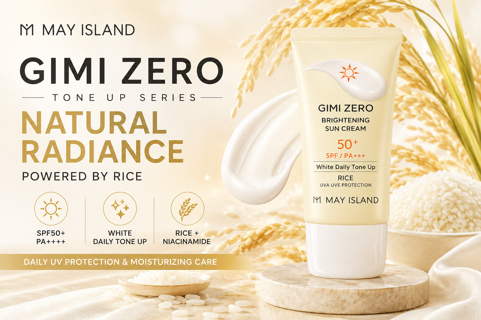 MAY ISLAND GIMI ZERO Rice Brightening Sun Cream – White Daily Tone-Up Sunscreen SPF50+ PA++++